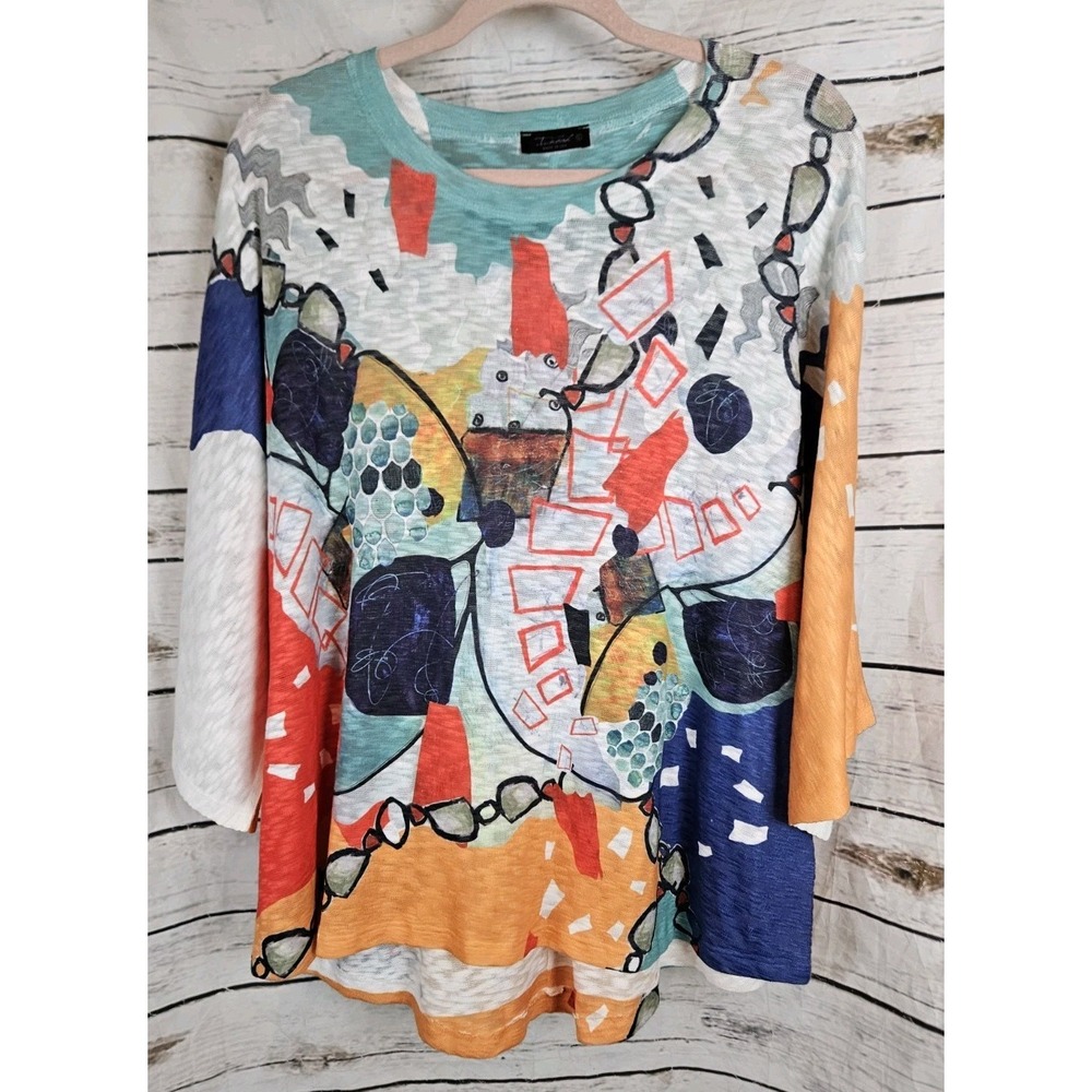 Inoah Abstract Art To Wear Print Tunic Top L Slubbed Knit 3/4 Sleeves Colorful